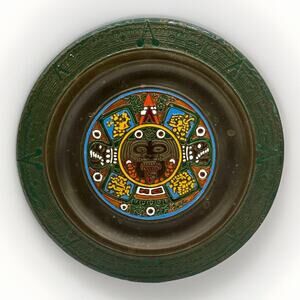 Vintage Mexican Enamel on Copper Aztec Sun Stone Calendar Decorative Plate